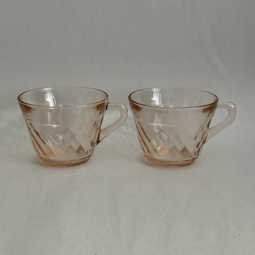 (2) Vintage Hazel Atlas Glass DIAMOND OPTIC‎ Pink Cup Teacup